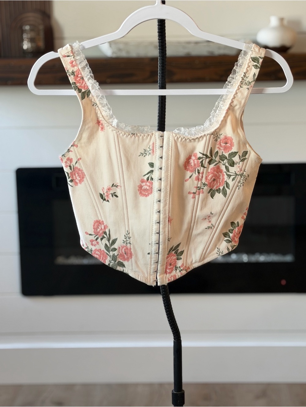 Altar'd State Pink Floral Lace-Trim Corset Tank